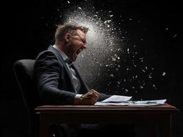 A man in a suit is screaming and throwing papers photo