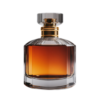 A refined, hexagonal bottle filled with amber liquid, adorned with gold accents, merging classic sophistication with modern design png
