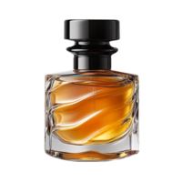 A perfume bottle with flowing wave patterns, containing amber liquid, topped with a sleek black cap, radiating elegance png