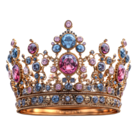 Crown adorned with large pink and blue gemstones, surrounded by smaller sparkling jewels, creating a royal, luxurious look png