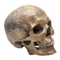 A weathered skull, viewed from the left, showing intricate cracks and detail, capturing an authentic, ancient look png