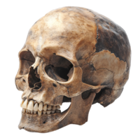 A detailed skull with earthy tones, showing worn texture and fine cracks, capturing an ancient, authentic feel with prominent cheekbones and teeth png