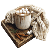 A rustic mug filled with hot chocolate and marshmallows, placed on a wooden tray, alongside a cinnamon stick and greenery png