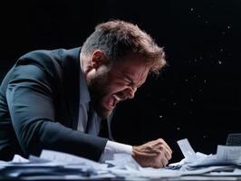 A man in a suit is screaming at his computer photo