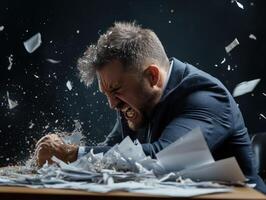 A man in a suit is sitting at a desk with papers flying around him photo