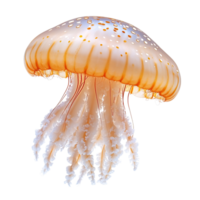 Jellyfish with a soft, cream-hued bell covered in symmetrical white dots, and elegant, flowing tentacles creating a mesmerizing underwater presence png