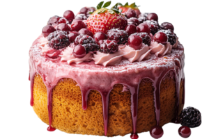 A moist, golden sponge cake topped with a cascade of berries and pink frosting, dripping elegantly with berry syrup png