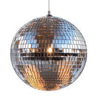 A reflective silver disco ball hanging with a warm light source, giving it a nostalgic and festive look png