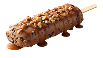 Chocolate ice cream bar with caramel drizzle and chopped nuts, melting slightly, showcasing an irresistible blend of textures and rich flavors png