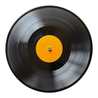 A black vinyl record, this time with a bright yellow label in the center. Grooves and slight reflections add depth and texture png