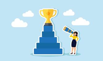 A businesswoman peers at a trophy atop a stack of blocks, illustration of observing and analyzing opportunities to achieve business awards vector