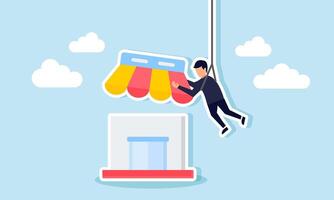 A businessman hangs on a rope carrying a store roof, intending to install it on a shop, illustration of building a marketplace business vector