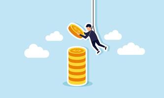 A businessman hangs on a rope carrying dollar coins, intending to stack them on a pile of dollar coins, illustration of collecting financial investment assets vector