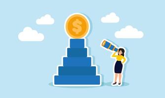 A businesswoman peers at a dollar coin atop a stack of blocks, illustration of observing and analyzing business financial performance vector