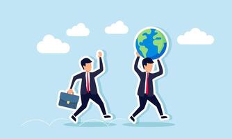 A businessman chases another businessman carrying a globe, illustration of observing and analyzing global business trends vector