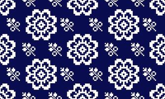 a detailed pattern composed of pixel designs with white flowers square on dark blue background , design for fabric or various pattern printing works. vector