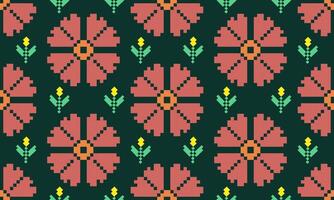 a detailed pattern composed of pixel designs with pink flowers square on dark blue background , design for fabric or various pattern printing works. vector
