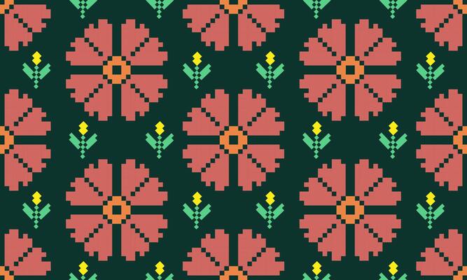 a detailed pattern composed of pixel designs with pink flowers square on dark blue background , design for fabric or various pattern printing works.