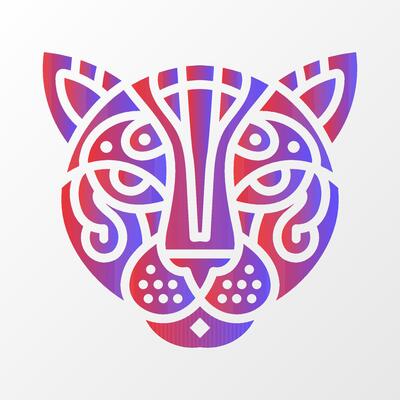 Colorful abstract leopard face illustration featuring intricate tribal patterns and a vibrant red-blue gradient on a white background. Stylized Leopard Face with Tribal Patterns
