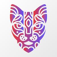 Decorative abstract cat face illustration featuring intricate tribal patterns and vibrant red-blue gradient on a white background. Ornate Cat Face with Tribal Motifs vector