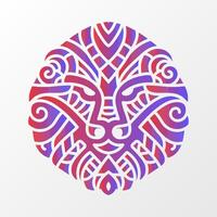Intricate lion face illustration with abstract tribal patterns, bold swirls, and vibrant red-blue gradient in a circular layout. Ornate Lion Face with Abstract Symmetry vector