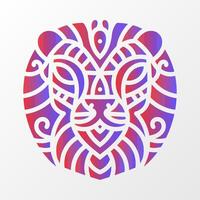 Stylized tiger face illustration enclosed in a circular design, featuring intricate tribal patterns and vibrant red-blue gradient colors. Symmetrical Tiger Face with Tribal Patterns vector