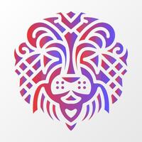 Abstract lion face illustration with ornate tribal patterns, bold geometric shapes, and a vibrant red-blue gradient on white. Intricate Lion Face with Tribal Patterns vector