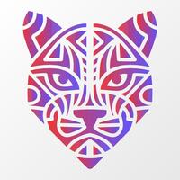 Abstract tribal cat face illustration with bold geometric patterns in vibrant red and blue gradient on a white background. Geometric Tribal Cat Face Design vector