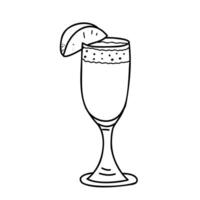 Bellini cocktail. Summer alcoholic Drink with Prosecco and Peach nectar with a piece of Peach. Hand drawn Black and White illustration in Doodle style isolated on background. For Beach Bar menu vector