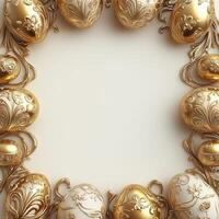 Luxurious golden Easter eggs frame with embossed patterns set on light background. photo