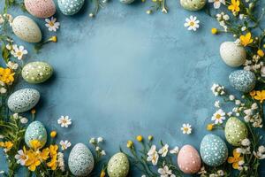 Beautiful Spring frame of Easter eggs and flowers with space for text in the middle. photo