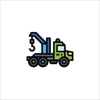 A truck with a crane on it is shown in a flat line vector