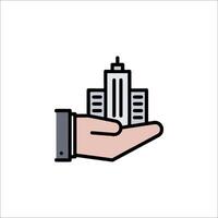 Hand holding a building icon on white background vector