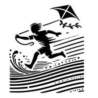 A black and white drawing of a boy running with a kite vector