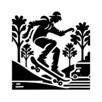 A black and white illustration of a skateboarder riding down a hill vector