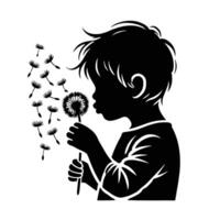 A silhouette of a boy blowing on a dandelion vector