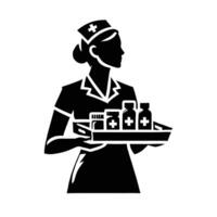 A silhouette of a nurse holding a tray of medicine vector