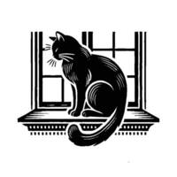 A black and white drawing of a cat sitting on a window sill vector