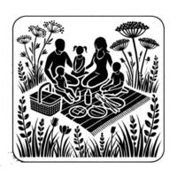 A black and white drawing of a family sitting on a picnic blanket vector
