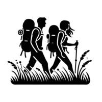 Two people with backpacks walking in the grass vector