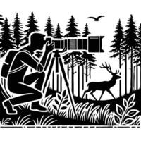 A man with a camera and deer in the woods vector