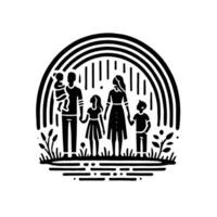 A family is standing in the rain under a rainbow vector