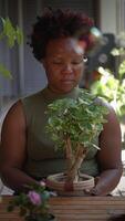 A woman lovingly nurtures a bonsai tree in a serene, lush green natural setting that brings peace video