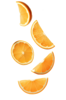 orange pieces falling down . falling oranges . orange falling down . orange pieces falling from the top for healthy and organic food campaigns isolated. orange pieces flying isolated png