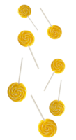 Lollipop candy flying all over isolated creating a dynamic and colorful scene of swirling treats symbolizing fun celebrations and sweet indulgence png