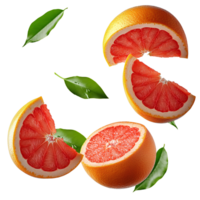 grapefruit pieces falling down . falling grapefruits and leaves . green leaf falling down with grapefruit pieces . grapefruit pieces falling from the top with green leaves isolated png