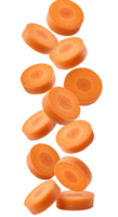 Crisp of fresh carrot slices cascading gracefully, ideal for healthy eating blogs, organic food ads, or cooking tutorials. Isolated on transparent background for seamless design integration. png