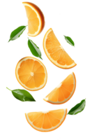 orange pieces falling down . falling oranges and leaves . green leaf falling down with orange pieces . orange pieces falling from the top with green leaves isolated png