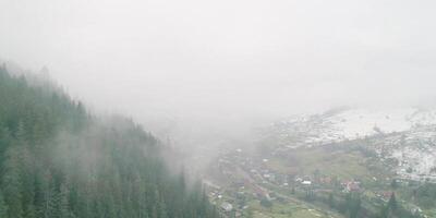 Misty view to small village in mountain area, green fields with snow and fog around, foggy pine on mountain, landscape outdoor fog, scenery countryside environment video