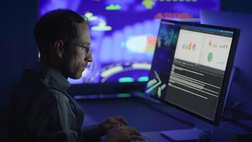 A dedicated Data Analyst works late, using advanced technology and visualizations video